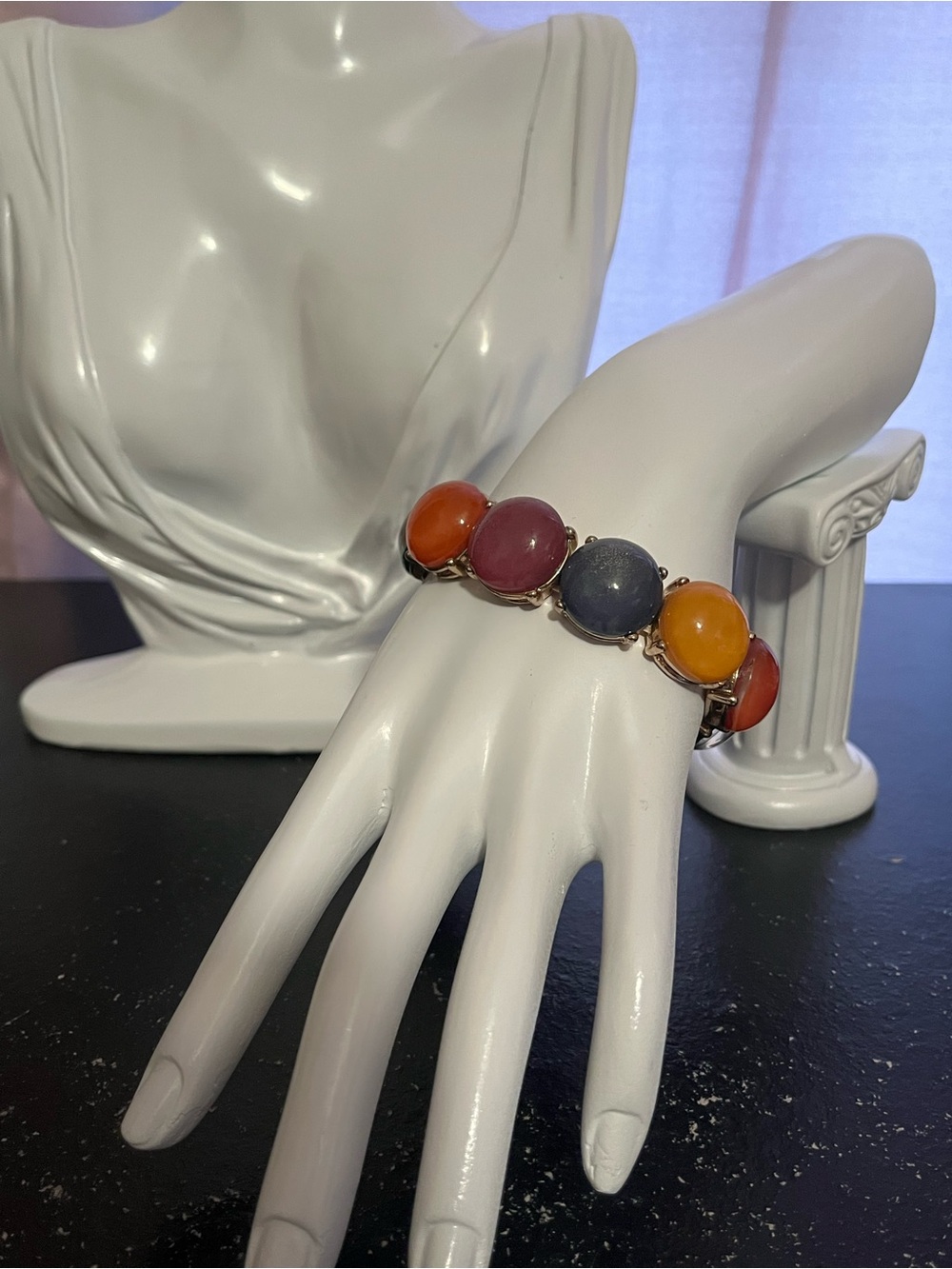 Vintage Chunky Multicolor Resin Cabochon Double Strand Elastic Bracelet